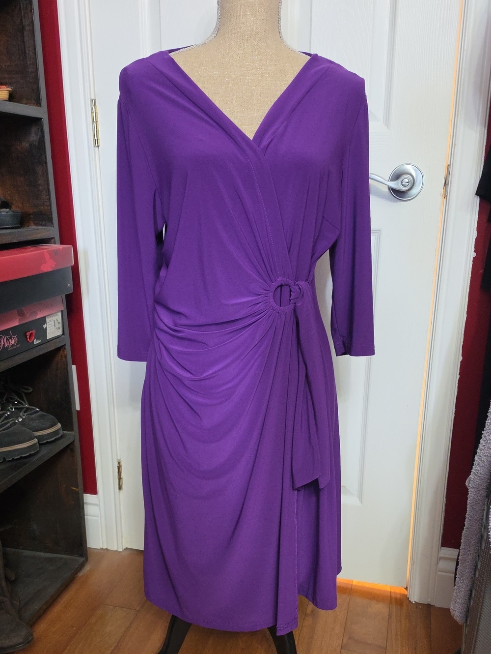 Purple Wrap-Style Midi Dress with Side Ring Detail
